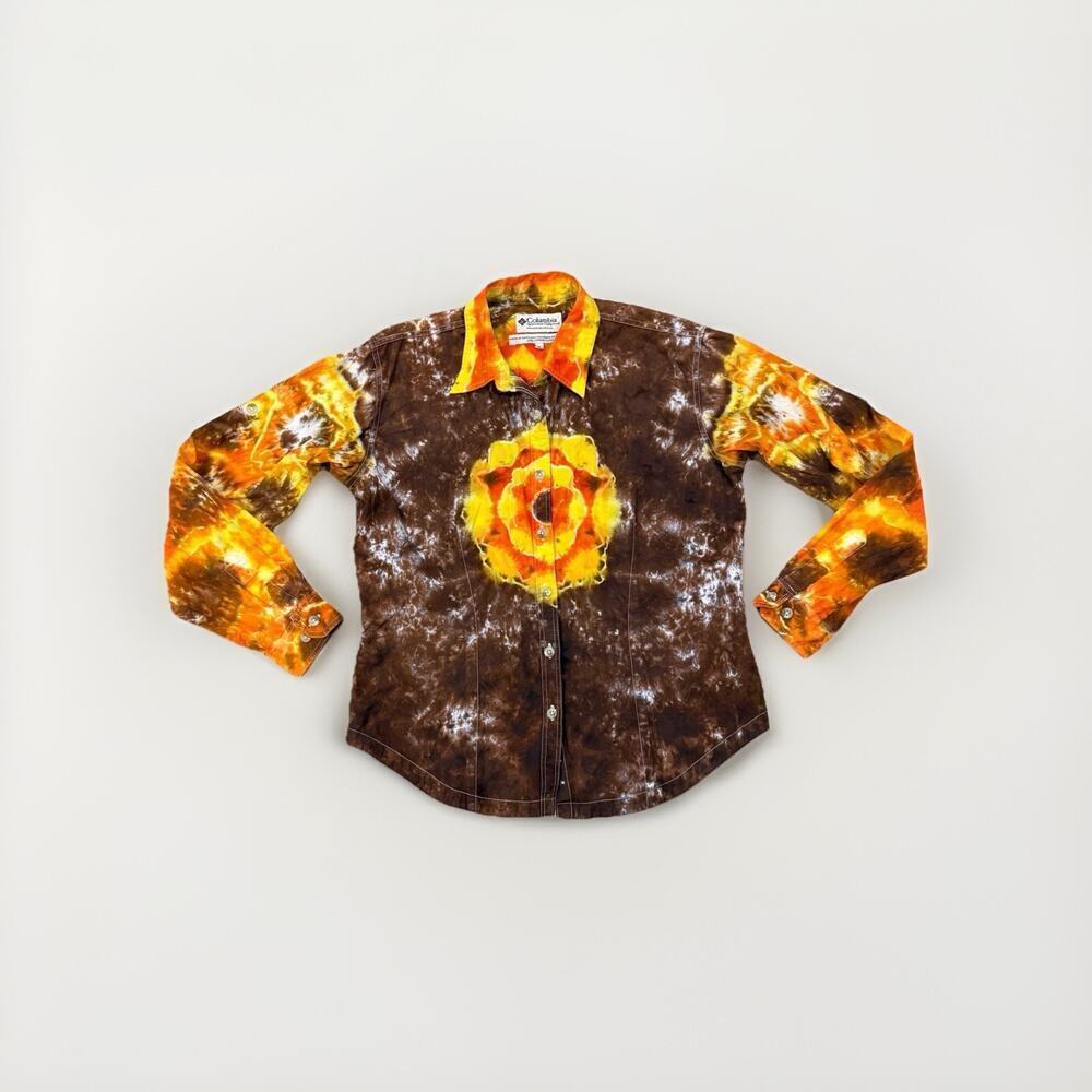 Vintage 90s Tie Dye Top Shirt Size Medium Brown Orange Cotton Hippie Artsy Boho
